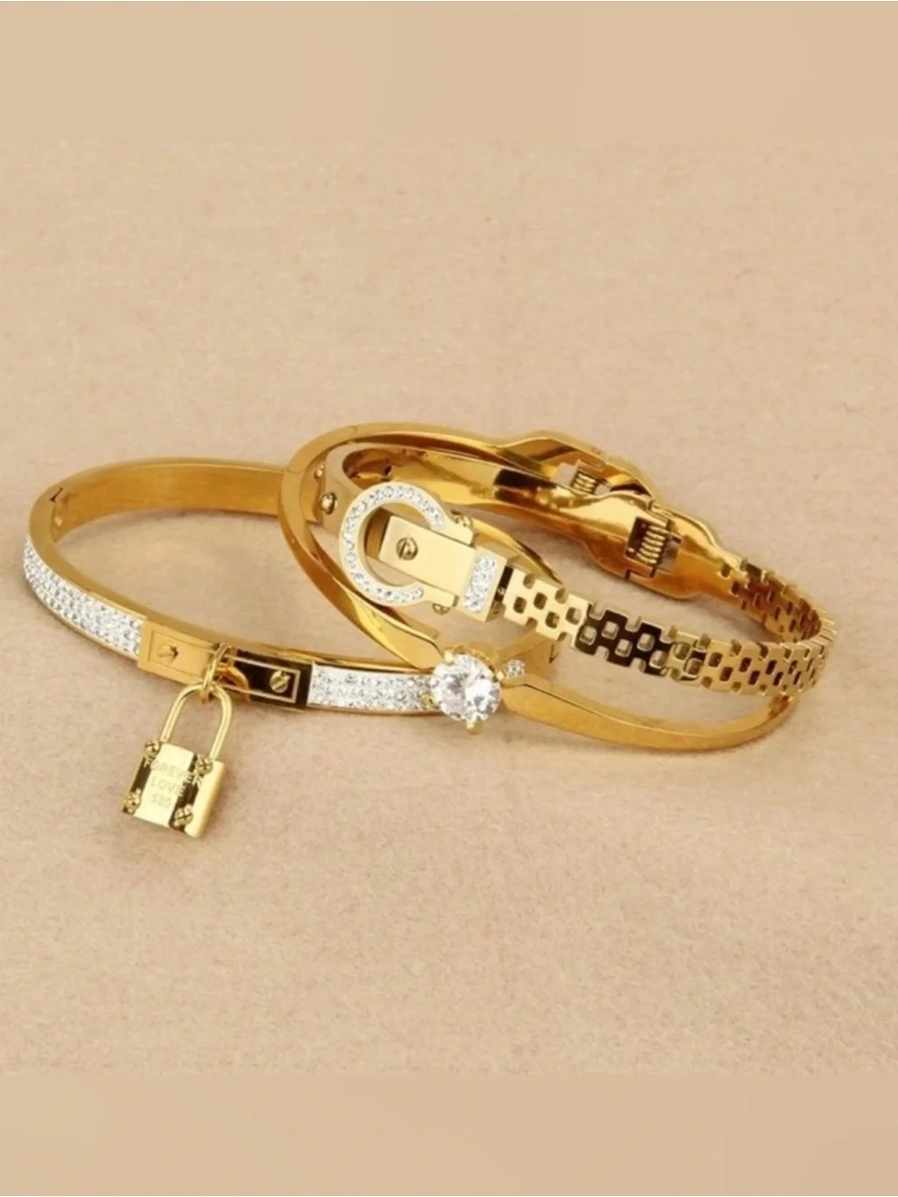 Gold Plated Stainless Steel 3-Piece Bracelet Set Lock,Buckle & Solitaire Design
